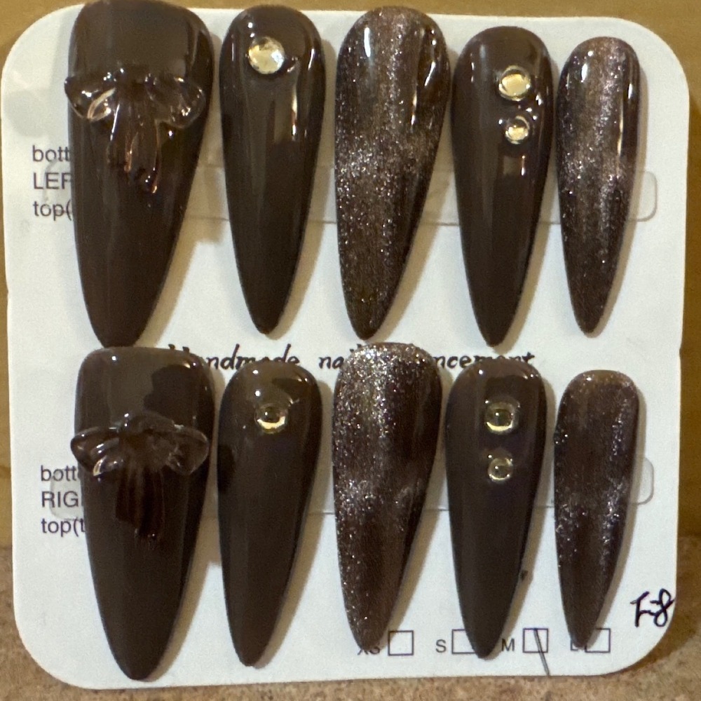 Brown Cat Eye Press On Nails Stiletto 3D Bow Rhinestone Coquette Brown Nails M